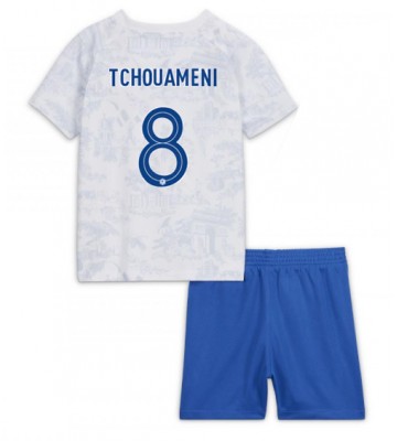 Frankrike Aurelien Tchouameni #8 Borta Kläder Barn VM 2022 Kortärmad (+ Korta byxor)